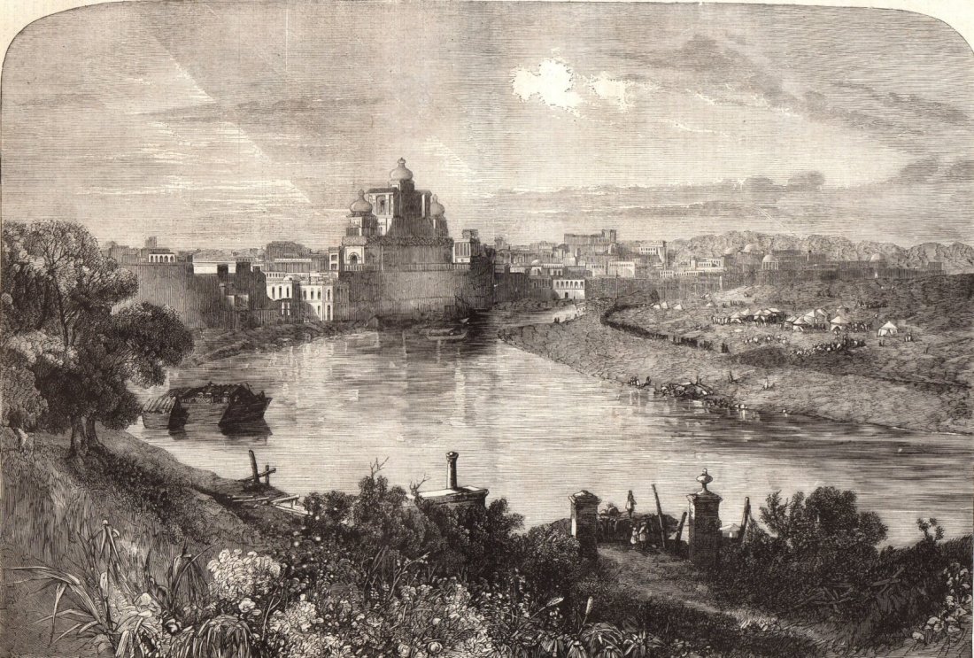 Farah Bakhseh Old Royal Residence at Lucknow. India.: Farah Bakhseh Old Royal Residence at Lucknow. India. 1858. Print of woodcut engraving titled „Farah Bakhseh Ancienne Residence Royale, A Lucknow“. Artist unknown. Engraved by unknown. From „L‘