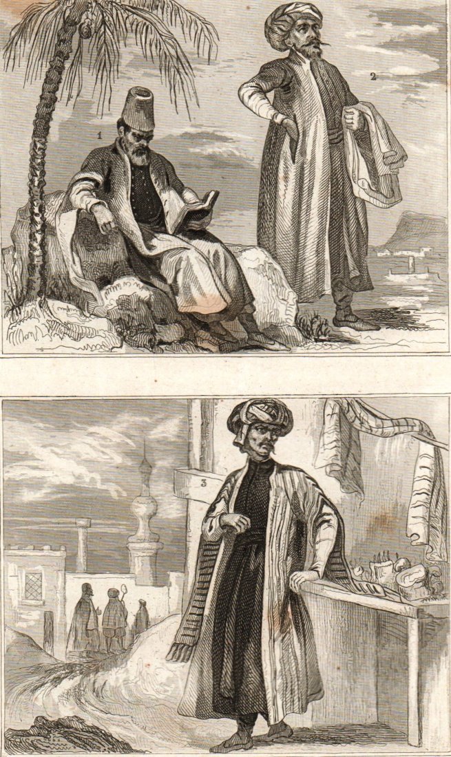 Jewish doctor. Jew Marchand. Arabic Merchand. 1859.: Jewish doctor. Jew Marchand. Arabic Merchand. Israel/Arabia. 1859. Print of steel engraving titled „Medecin Juif. Marchand Juif, Merchand Arabe“. Drawn by Lalaisse. Engraved by Milen. From „Le M