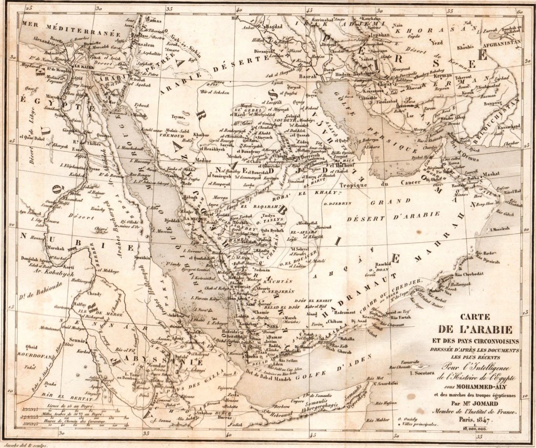 Map of Arabia and the surrounding countries. 1847.: Print of steel engraving titled „Carte de L’arabie et des pays circonvoisins.“. Drawn by Jacobs del & sculps. Engraved by Blanchard. From „Arabie, par M. Noel Desvergers, vice-president de la 