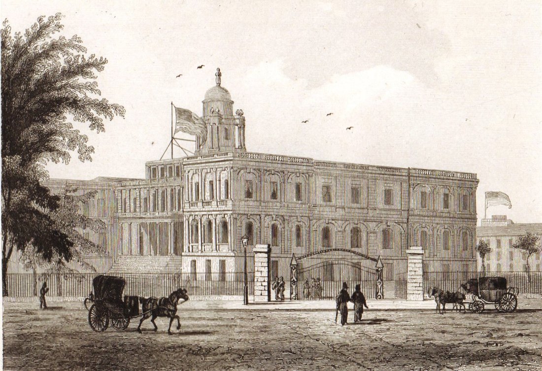 New York City Hotel. United States. North America. 1839: Print of steel engraving titled „Hotel de Ville de New-York“. Drawn by Arnout. Engraved by Gibert. From „Etats-Unis D‘Amerique by M. Roux de Rochelle. Published by Firmin didot freres. Paris. 