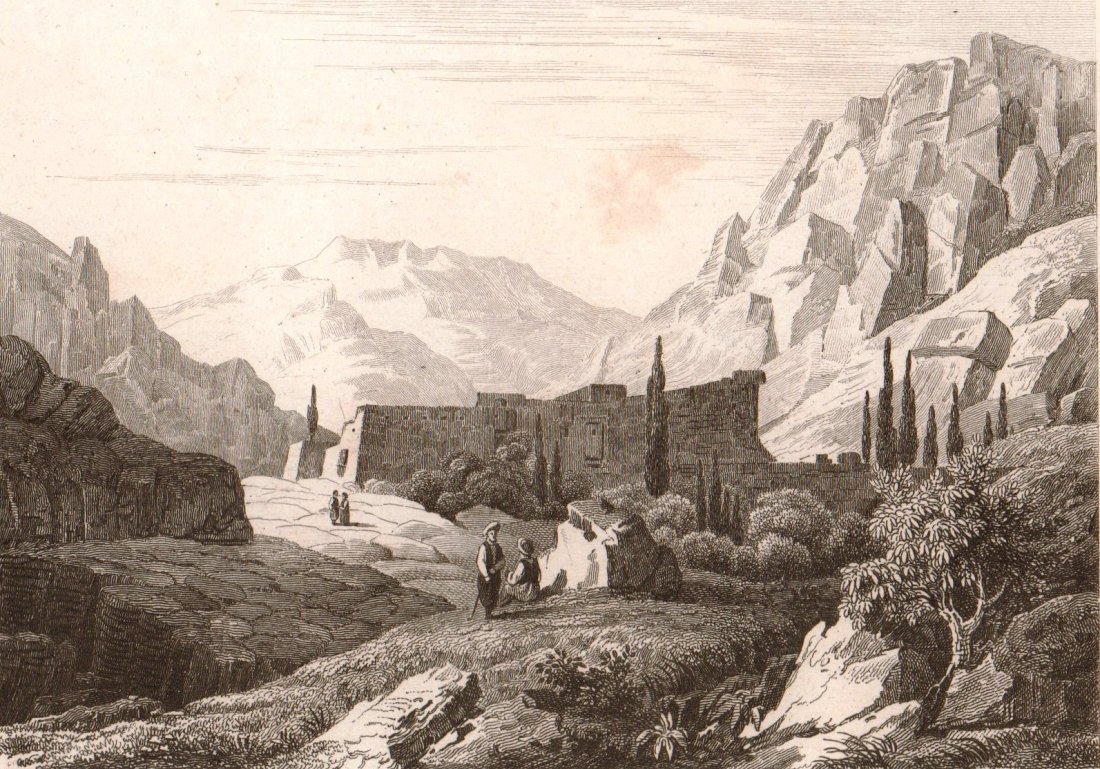 Convent of St. Catherine. Egypt. 1847.: Print of steel engraving titled „Couvent de Ste Catherine.“. Drawn by Fleury. Engraved by Chollet. From „Arabie, par M. Noel Desvergers, vice-president de la societe de geographie, Avec une cart