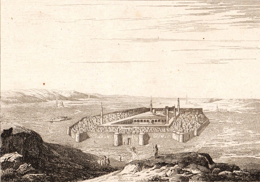 Medina and tomb of Prophet. Saudi Arabia. 1847.: Print of steel engraving titled „Medine et Sepulcre du Prophete.“. Drawn by Fleury. Engraved by unknown. From „Arabie, par M. Noel Desvergers, vice-president de la societe de geographie, Avec un