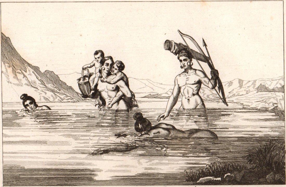 Wading across the river. United States. North America.: Wading across the river. United States. North America. 1839. Print of steel engraving titled „Passage des rivieres a Gue“. Drawn by Vernier. Engraved by Lebas. From „Etats-Unis D‘Amerique by M