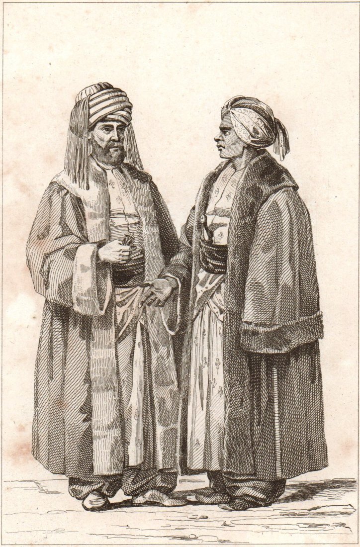 Sherif of Mecca. Sheikh'ul Governor of Medina. 1847.: Print of steel engraving titled „Scherif de la Mecke. Scheik’ul Gouverneur de Medine.“ Drawn by Vernier. Engraved by Branche. From „Arabie, par M. Noel Desvergers, vice-president de la societe
