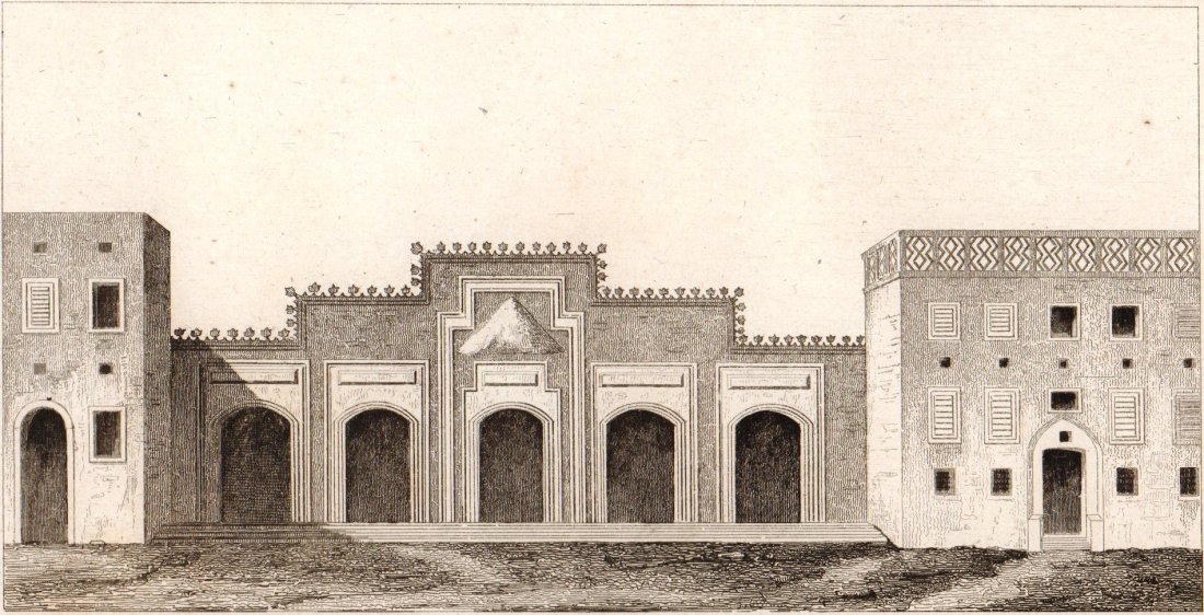 Gate of the Temple „Bab Estafa”. Arabian Peninsula.1847: Print of steel engraving titled „Porte du temple nomme Bab Estafa.“. Drawn by unknown. Engraved by unknown. From „Arabie, par M. Noel Desvergers, vice-president de la societe de geographie, Avec