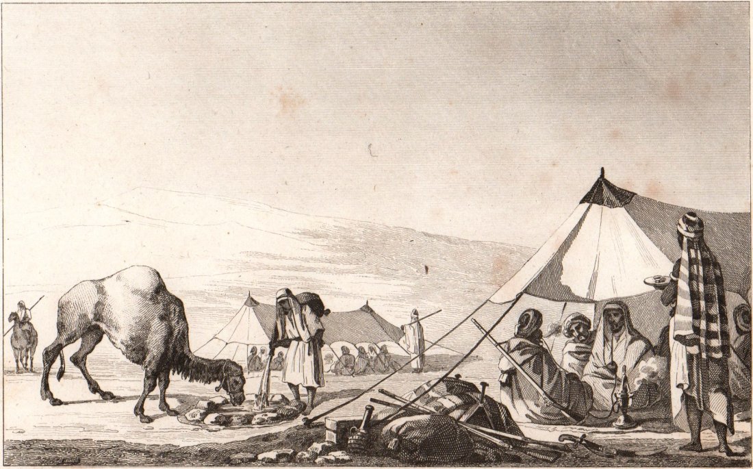 Arab camp. Arabia. 1847.: Print of steel engraving titled „Halte d’Arabes.“. Drawn by Vernier. Engraved by Branche. From „Arabie, par M. Noel Desvergers, vice-president de la societe de geographie, Avec une carte de L�