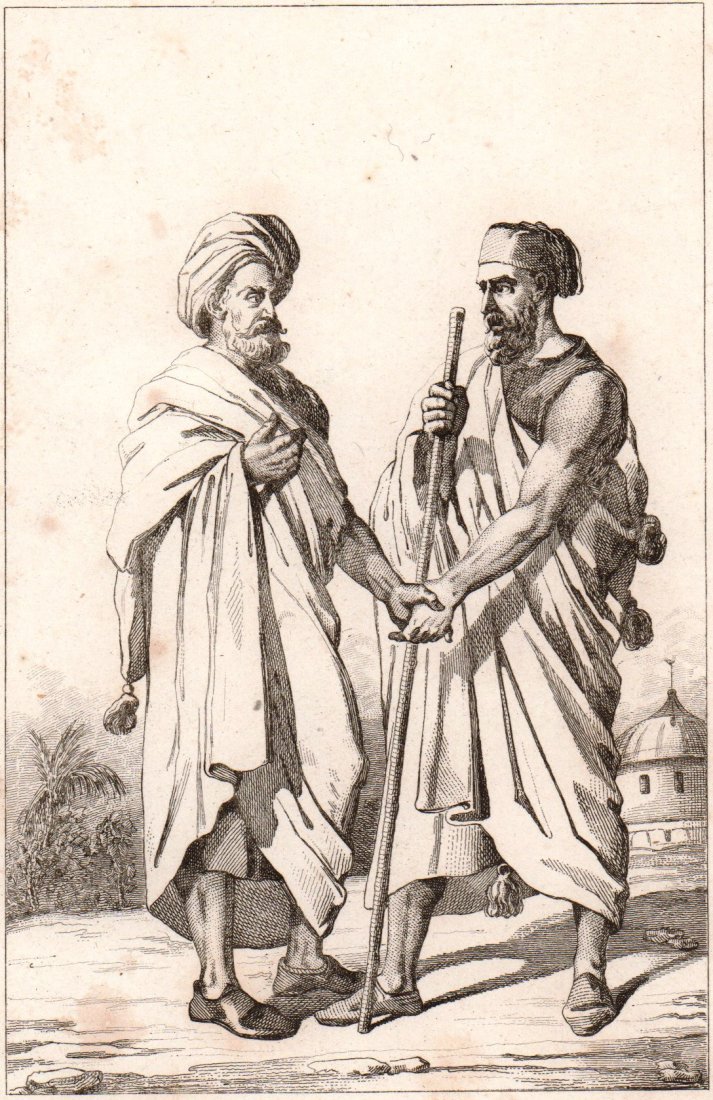 Arabs greet each other. Arabia. 1847.: Print of steel engraving titled „Salut des Arabes“. Drawn by Vernier. Engraved by Lebas. From „Arabie, par M. Noel Desvergers, vice-president de la societe de geographie, Avec une carte de L‘a