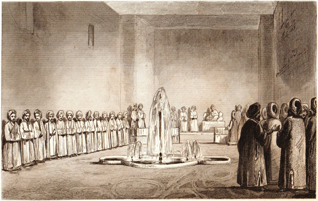 Audience with the Iman of Sanaa. Yemen. 1847.: Print of steel engraving titled „Audience aupres de l'Imam de Sanaa“. Drawn by unknown. Engraved by unknown. From „Arabie, par M. Noel Desvergers, vice-president de la societe de geographie, Ave
