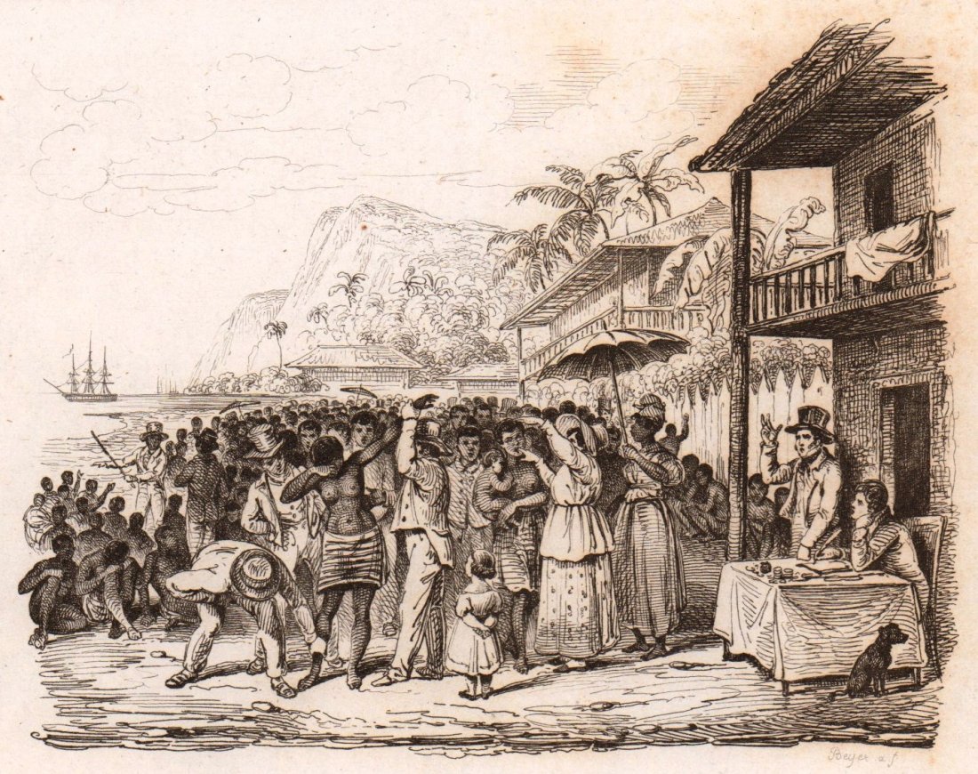 Negroes for Sale. Martinique. Caribbean. 1836.: Print of steel engraving titled „Une Vente de Negres“. Drawn by unknown. Engraved Beyer. From „Voyage pittoresque dans les deux Ameriques. Resume general de tous les voyages“ by M. Alcide D‘