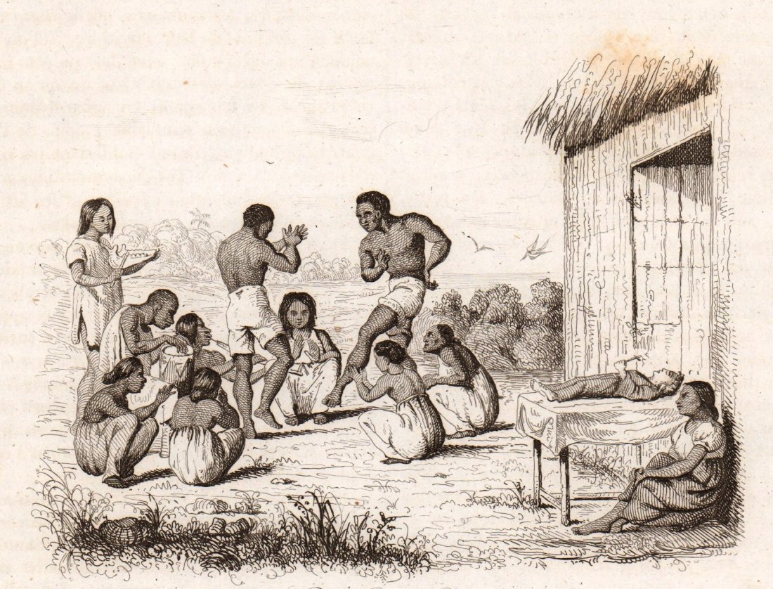 Velorio or Ball Little Angel. Colombia. 1836.: Print of steel engraving titled „Velorio ou Bal du Petit Ange“. Drawn by unknown. Engraved by unknown. From „Voyage pittoresque dans les deux Ameriques. Resume general de tous les voyages“ by 