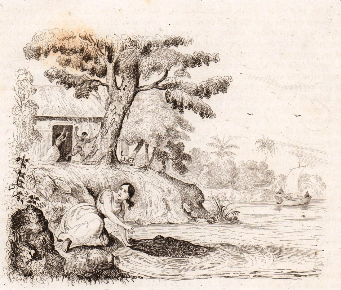 Shores of the Magdalena. Colombia. 1836.: Print of steel engraving titled „Bords de la Magdalena a Barranca“. Drawn by unknown. Engraved by unknown. From „Voyage pittoresque dans les deux Ameriques. Resume general de tous les voyages“