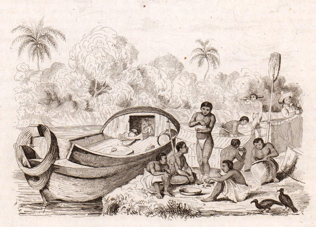 Botte and boatmen. Colombia. 1836.: Print of steel engraving titled „Bote Boteliers de Monpax“. Drawn by unknown. Engraved by unknown. From „Voyage pittoresque dans les deux Ameriques. Resume general de tous les voyages“ by M. A