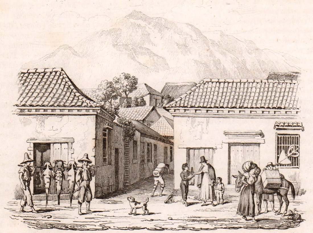 Entrance to the Honda Market. Colombia. 1836.: Print of steel engraving titled „Entrée du Marché de Honda“. Drawn by unknown. Engraved by unknown. From „Voyage pittoresque dans les deux Ameriques. Resume general de tous les voyages“ by M