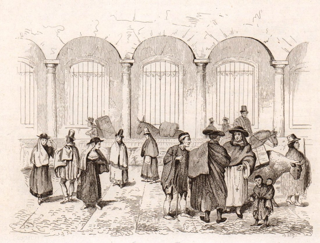 Costumes. Bogota. Colombia. 1836.: Print of steel engraving titled „Costumes de Bogotá“. Drawn by unknown. Engraved by unknown. From „Voyage pittoresque dans les deux Ameriques. Resume general de tous les voyages“ by M. Alcide