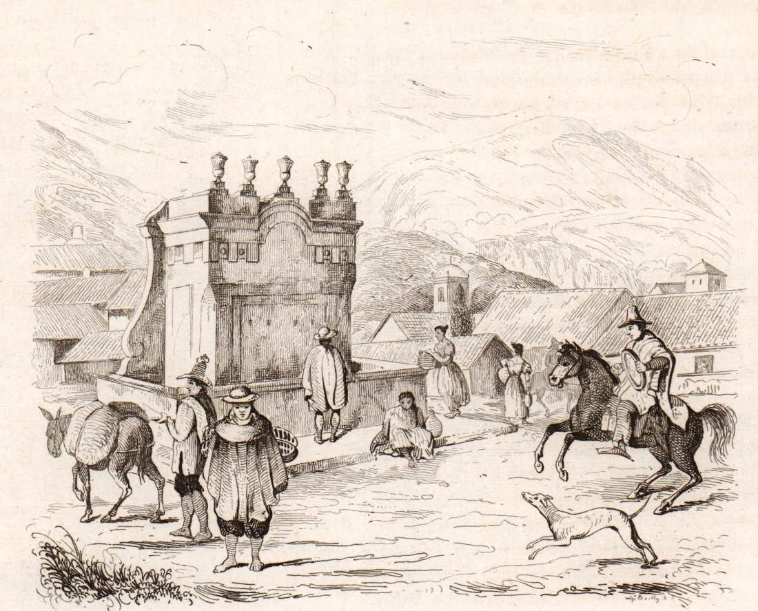 San Victorino. Bogota. Colombia. 1836.: Print of steel engraving titled „Place San Victorin a Bogota“. Drawn by unknown. Engraved by unknown. From „Voyage pittoresque dans les deux Ameriques. Resume general de tous les voyages“ by M