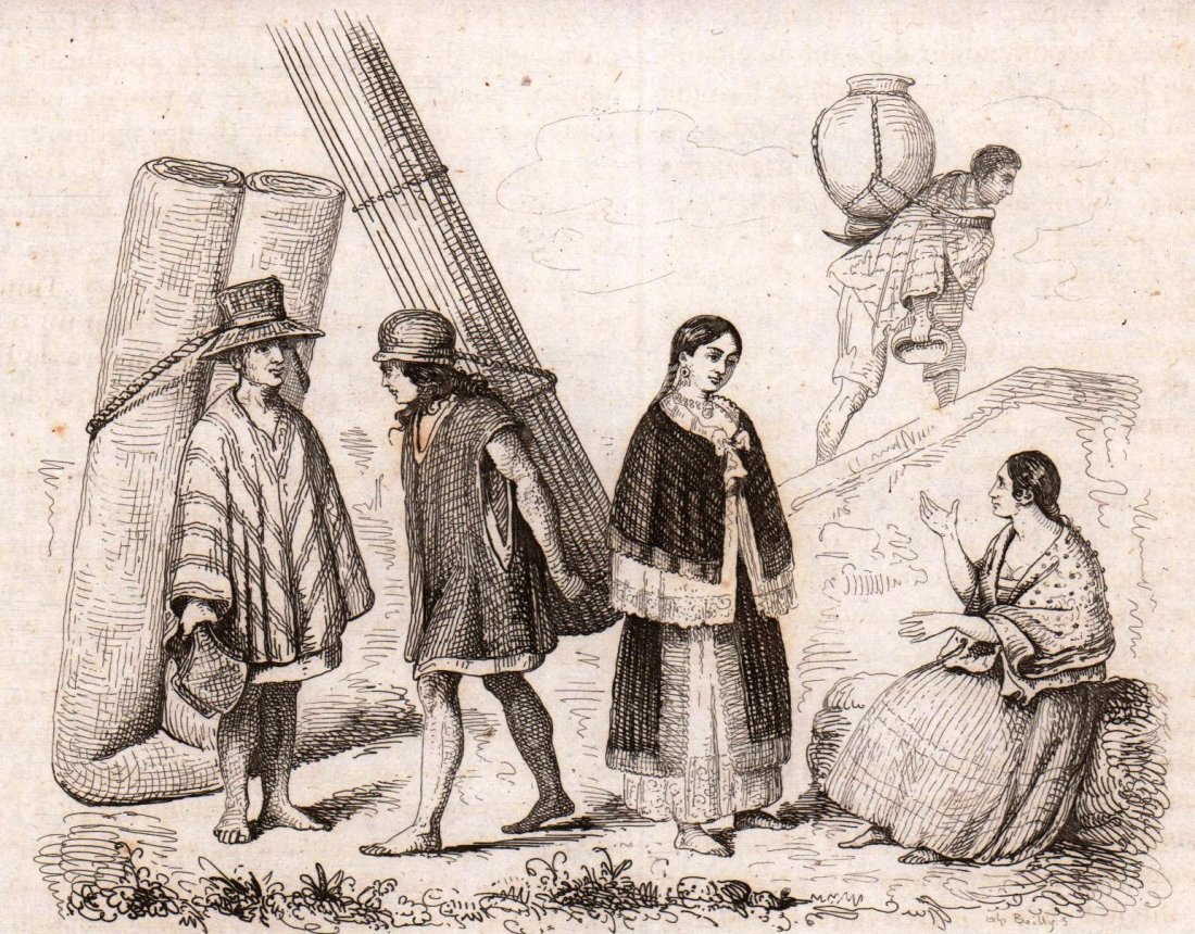 Costumes. Quito. Ecuador. 1847.: Print of steel engraving titled „Costumes de Quito.“ Drawn by J. Boilly. Engraved by unknown. From „Arabie, par M. Noel Desvergers, vice-president de la societe de geographie, Avec une carte de 