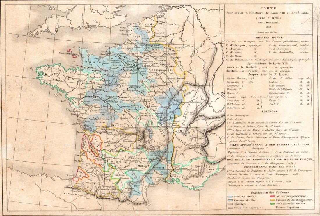 Map of the history of Louis VIII ruling in 1223-1270.: Map of the history of Louis VIII ruling in 1223-1270. France. 1854.Print of hand colored steel engraving titled „Carte Pour servir a l’histoire de Louis VIII et de St. Louis (1223 a 1270)“.Drawn