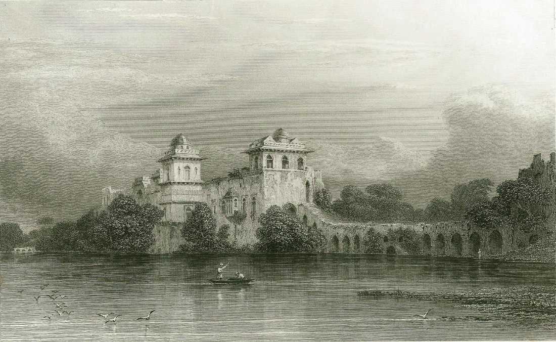 The water palace Mandoo. India. 1831.: Print of steel engraving. Author Copley Fielding after sketch by Capt. R. Elliot. Engraved by W. Floyd. From „Fisher‘s drawing room scrap book“ with poetical illustrations by L. E. L. London: Fi