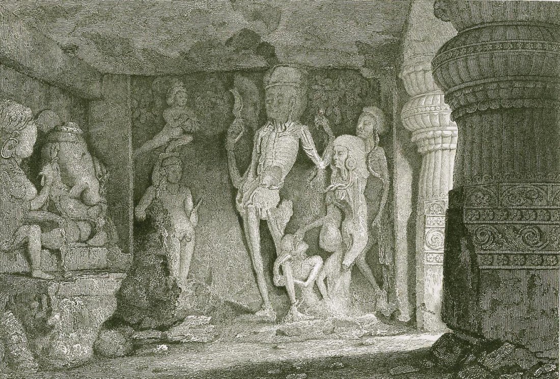 Rameswur Caves of Ellora. India. 1831.: Skeleton group in the Rameswur Caves of Ellora. India. 1831. Print of steel engraving. Author G. Cattermole after sketched Capt. R. Elliot. Engraved by W. Kelsall. From „Fisher‘s drawing room scra