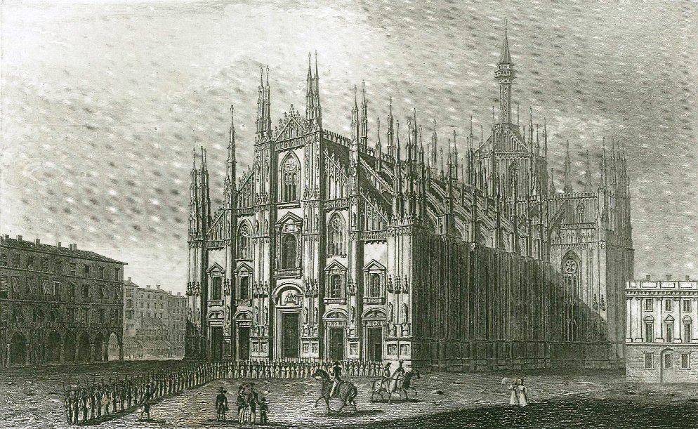 Poles in Milan. Poland/Italy. 1835 – 1838.: Print from steel engraving titled „Les Polonais a Milan. Le general Jean Henri Dombrowski, donnant lecture de sa proclamation aux Polonais le 20 Janvier 1797 devant les premiers soldats de la legion