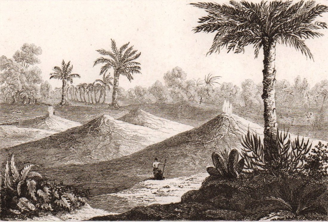 Volcano in Turbaco. Colombia. 1835 - 1841.: Print of steel engraving titled „Volcans d‘ Air de Turbaco Colombie“. Author unknown. Engraved by Shelton. Published in „L‘Univers Pittoresque ou Histoire et description de tous les peuples�
