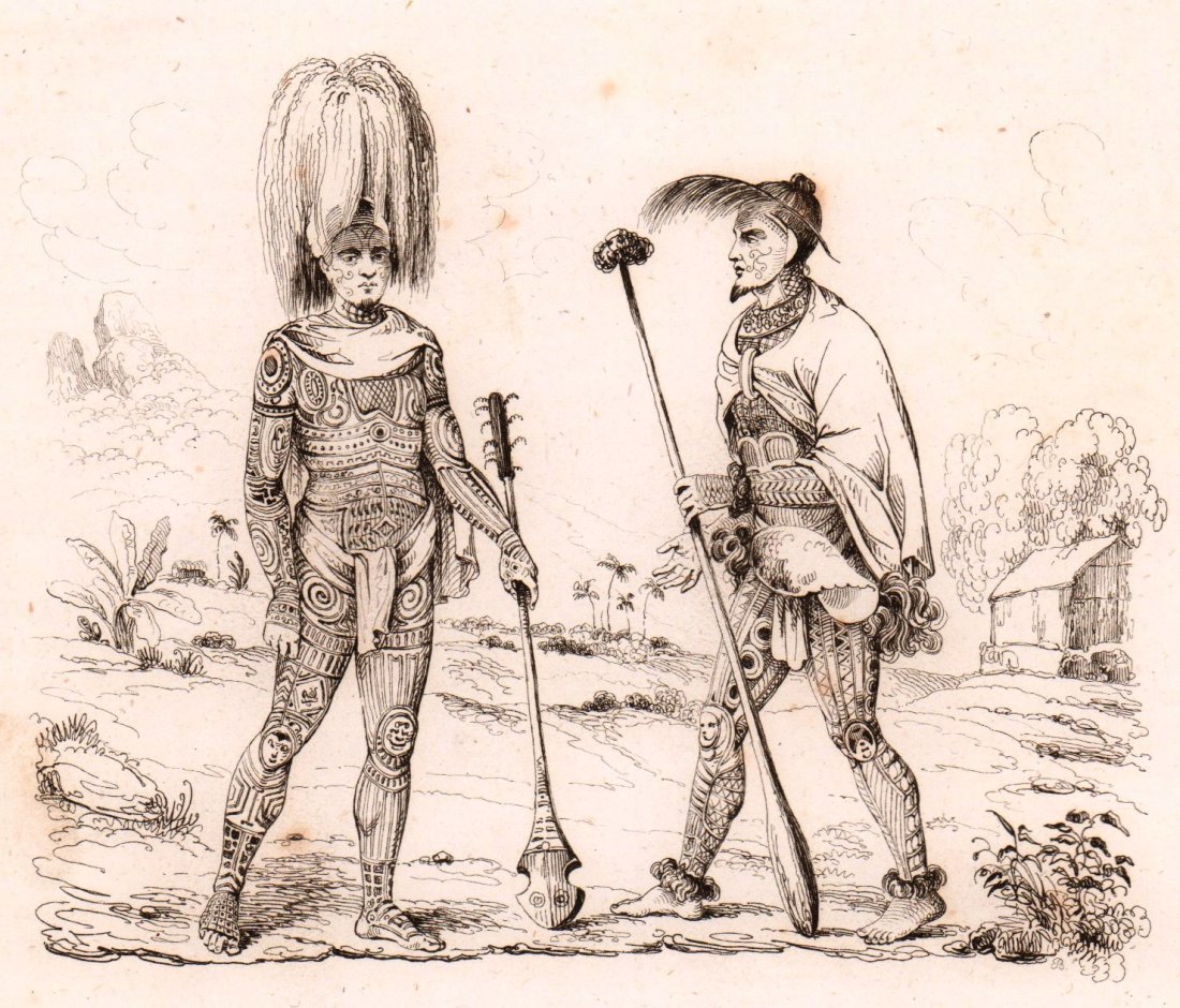 M. Dumont D’Urville. Nuka Hiva warriors. 1834.: Print of steel engraving titled „Guerriers de Nouka-hiva“. Author Jules Sébastien César Dumont d'Urville. Engraved by unknown. From „Voyage pittoresque Autour du Monde, resume general des voya
