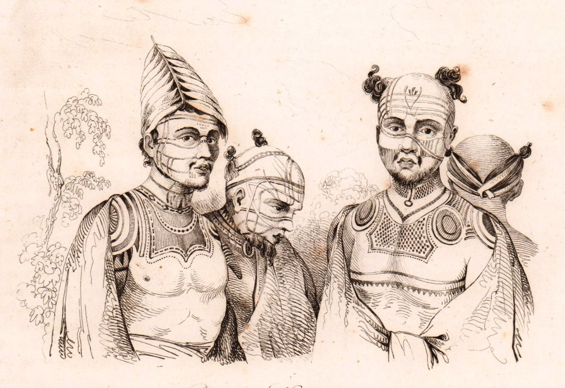 M. Dumont D’Urville. Portraits of Nuka Hiva habitants.: Print of steel engraving titled „Portraits de Nouka-hiviene“. Author Jules Sébastien César Dumont d'Urville. Engraved by Bayer. From „Voyage pittoresque Autour du Monde, resume general des voy