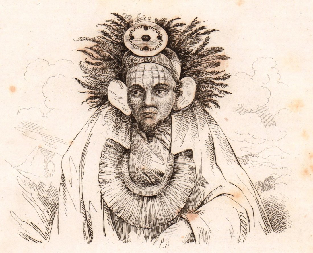 M. Dumont D’Urville. Chief of Tao Wati. Nuku hiva. 1834: Print of steel engraving titled „Chef de Tao-Wati“. Author Jules Sébastien César Dumont d'Urville. Engraved by Bayer. From „Voyage pittoresque Autour du Monde, resume general des voyages decou
