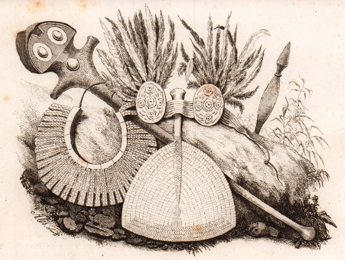 M. Dumont D’Urville. Jewelry and ritual utensils. 1834.: Print of steel engraving titled „Massues Hausse col Bandeau Eventail de Nouka hiva“. Author Jules Sébastien César Dumont d'Urville. Engraved by unknown. From „Voyage pittoresque Autour du Mond