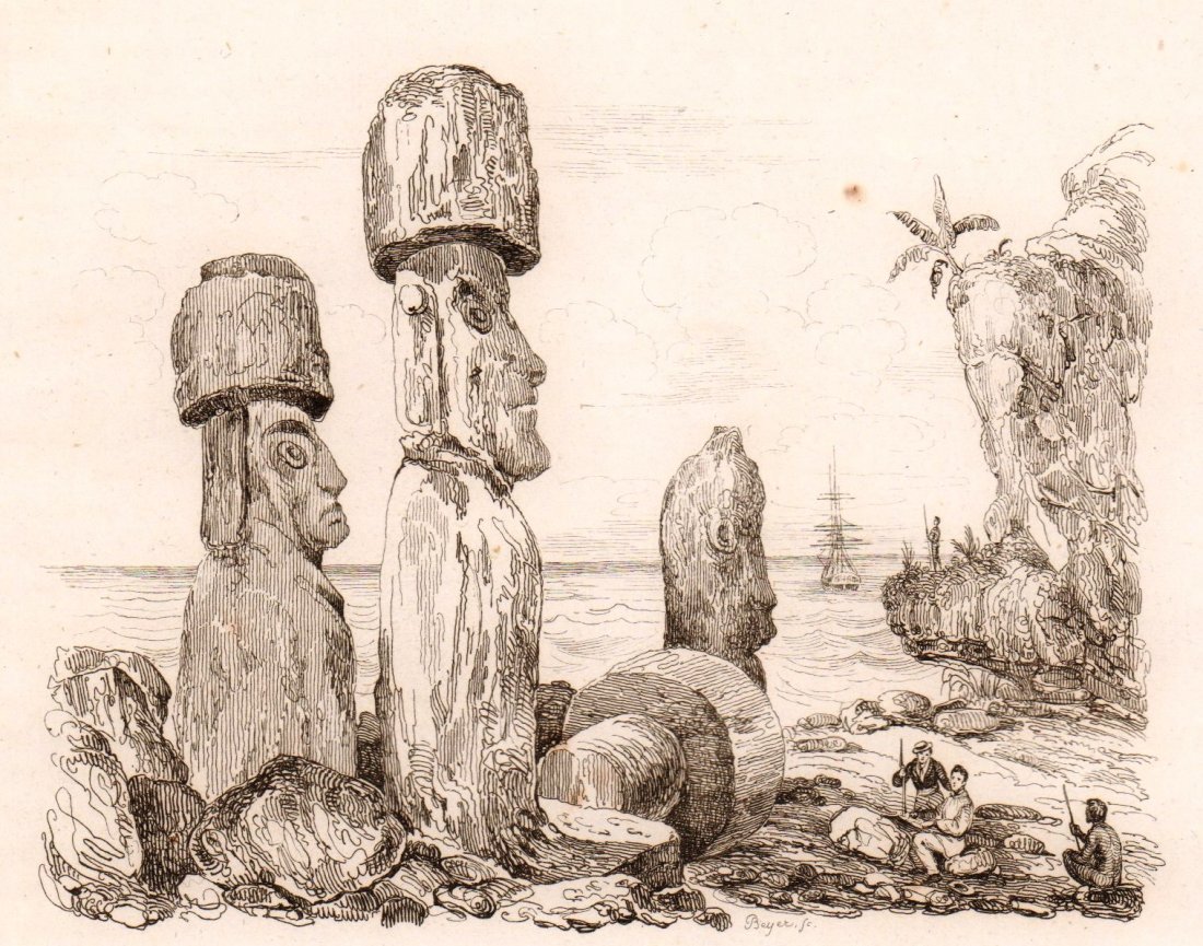 Colossal statues near Wai Hou. 1834.: Print of hand colored steel engraving titled „Statues colossales de l‘Ile Waihou“. Author Jules Sébastien César Dumont d'Urville. Engraved by unknown. From „Voyage pittoresque Autour du Mond