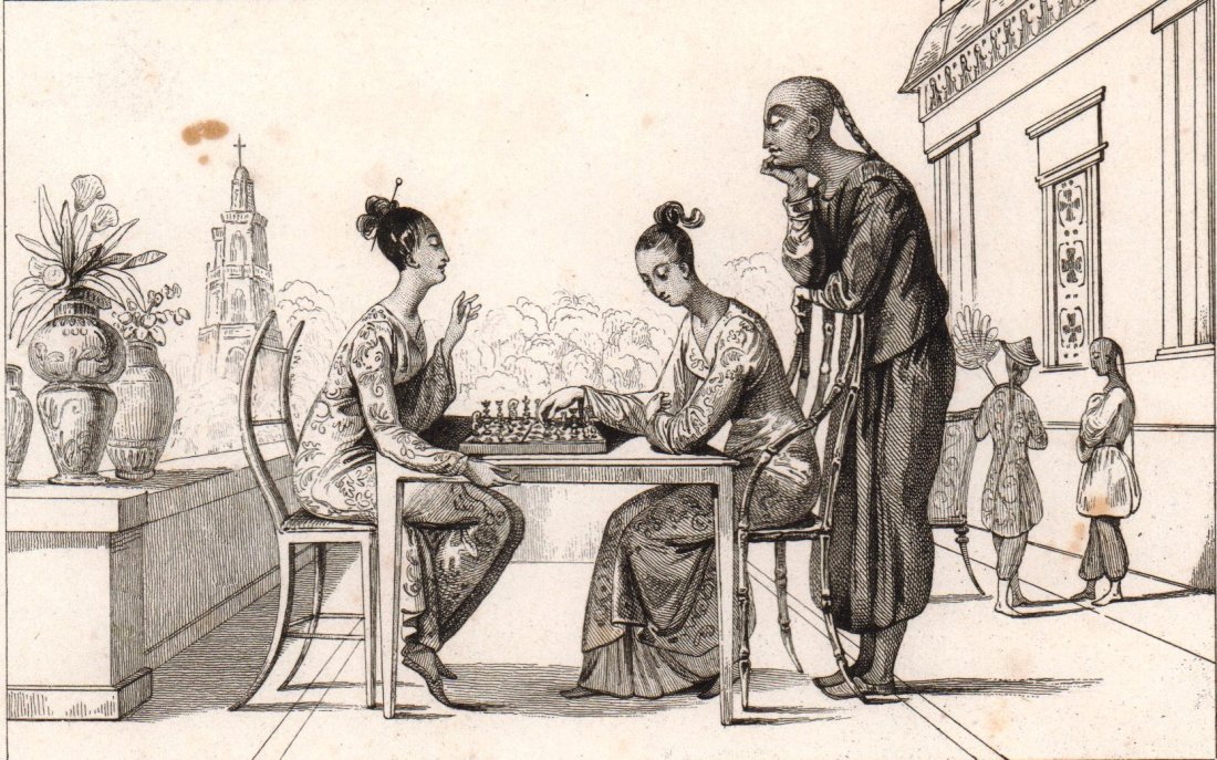 Chinese women playing chess. Timor island. Indonesia.: Chinese women playing chess. Timor island. Indonesia. 1836. Print of steel engraving titled „Chinesische Frauen Schaehbrett“. Author Danvin. Engraved by Longless. From the „Oceanie ou cinquieme 