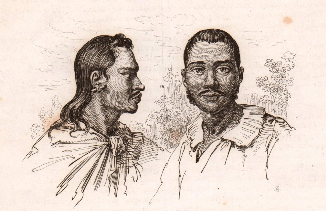 M. Dumont D’Urville. Portrait of two men. 1834.: Print of steel engraving titled „Otouri et Oupa-parou“. Author Jules Sébastien César Dumont d'Urville. Engraved by unknown. From „Voyage pittoresque Autour du Monde, resume general des voyages