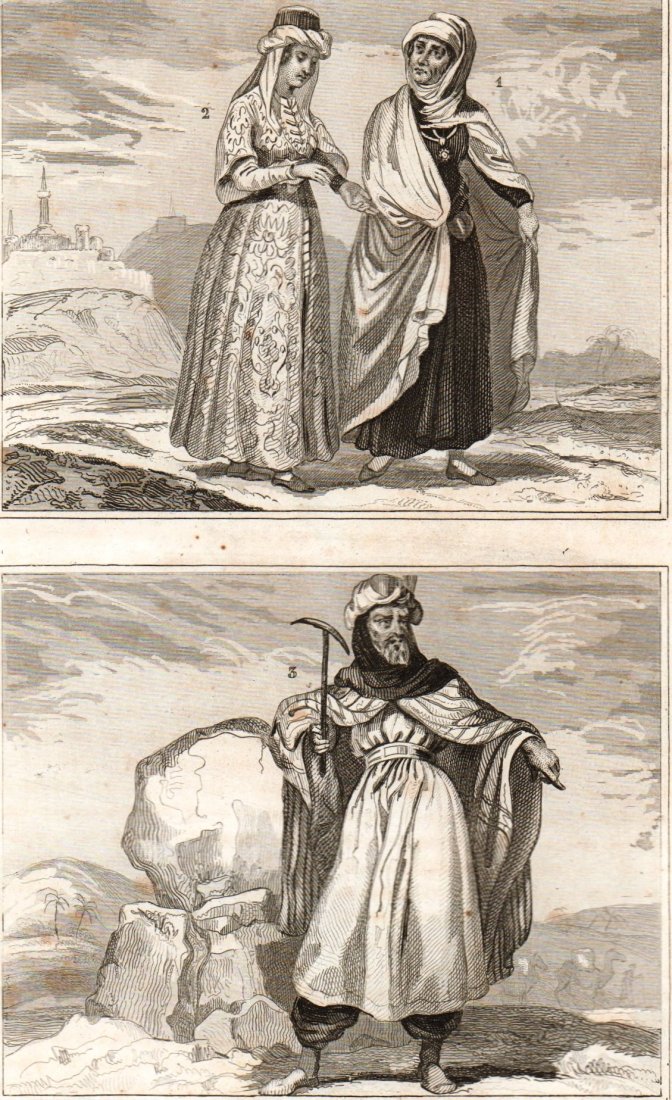 Jewish woman and Jewish daughter of Jerusalem. 1859.: Jewish woman and Jewish daughter of Jerusalem. Arabian Prince. Israel/Arabia. 1859. Print of steel engraving titled „Femme juive des environs de Jerusalem. Fille Juive de Jerusalem. Prince Arabe“.