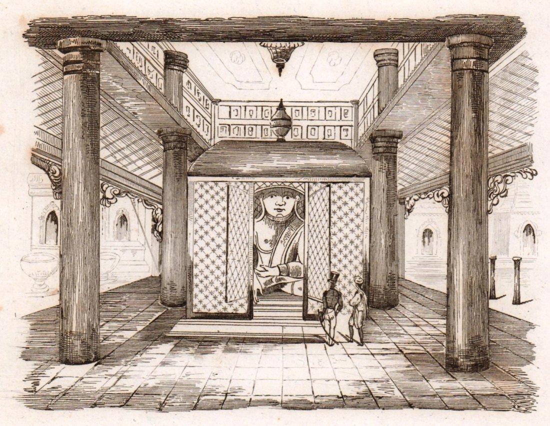 M. Dumont D’Urville. Interior of the Pagoda. 1834.: Print of steel engraving titled „Interieur de la Pagode“. Author Jules Sébastien César Dumont d'Urville. Engraved by unknown. From „Voyage pittoresque Autour du Monde, resume general des voyag