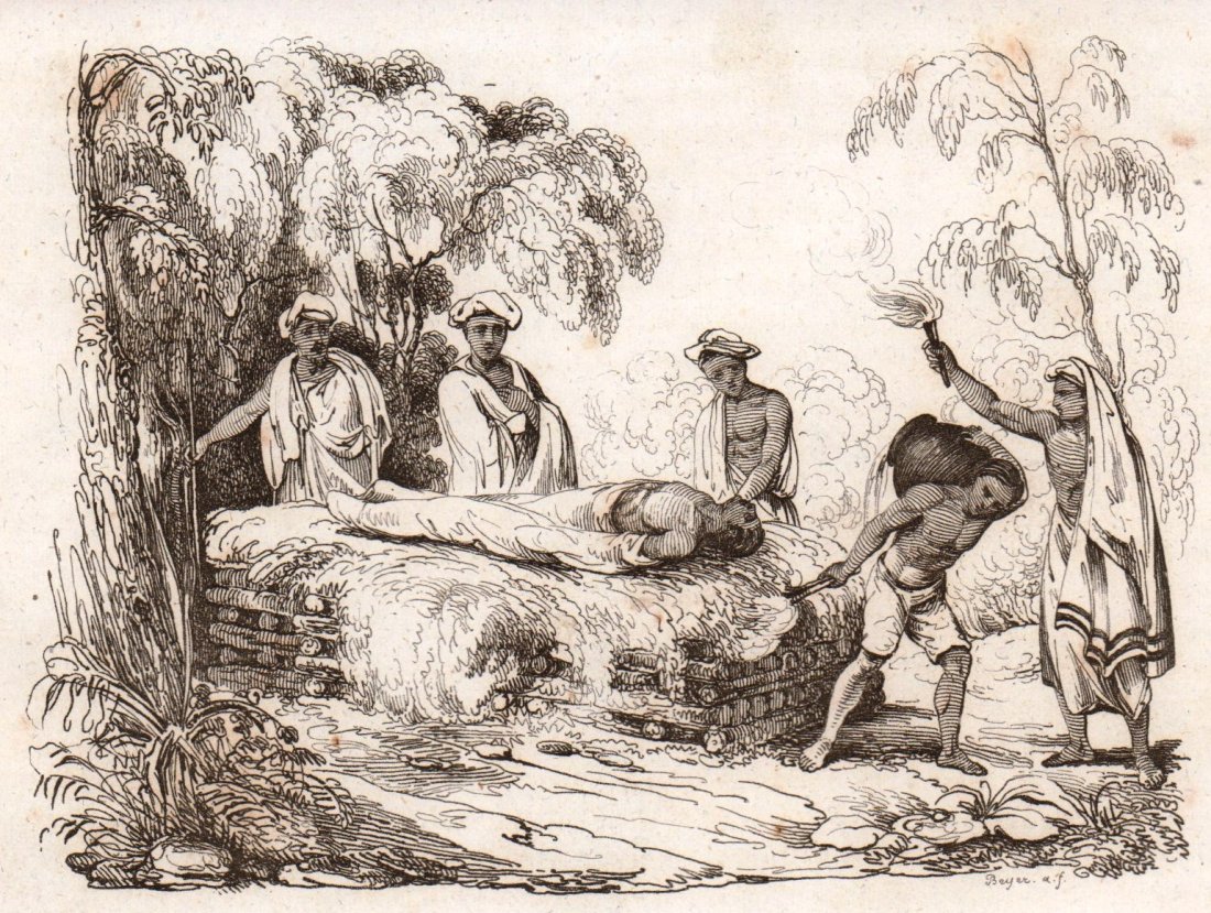 De Sainson. Funerals of a followers of Vishnu. India.: De Sainson. Funerals of a followers of Vishnu. India. 1834. Print of steel engraving titled „Funerailles d‘un sectateur de Vichnou“. Author De Saison. Engraved by Beyer. From „Voyage pittoresq