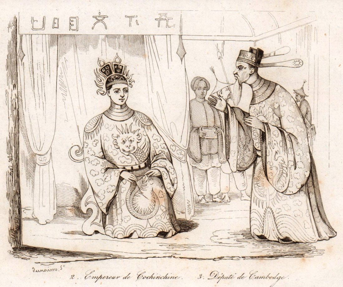 De Sainson. Emperor of Cochin. Depute of Cambodga.: Print of steel engraving titled „Empereur de Cochinchine. Depute de Cambodga“. Author De Sainson. Engraved by Lernaim. From „Voyage pittoresque Autour du Monde, resume general des voyages decouv