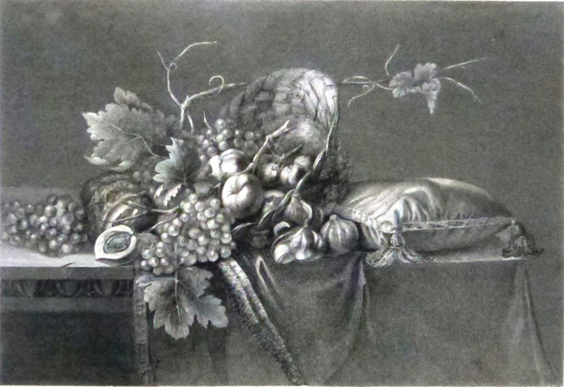 Willem van Aelst. Fruits. Netherlands. 1843.: Print of steel engraving titled „Frutti“. Artist Willem van Aelst.Drawn by G. Tibaldi.Engraved by V. Della Bruna.From “Galerie du Palais Pitti“, Chez Louis Bardi, Florence, 1843. Vol. IV. Tav.