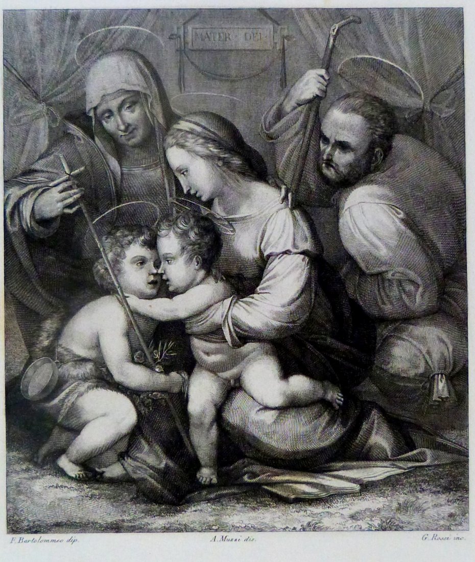 Fra Bartolommeo. Holy family. ITALY. 1842.: Print from steel engraving titled „S.Famiglia“. Artist Fra Bartolommeo. Drawn by A. Muzzi. Engraved by G. Rossi. From “Galerie du Palais Pitti“, Chez Louis Bardi, Florence, 1842. Notes: Vol. I