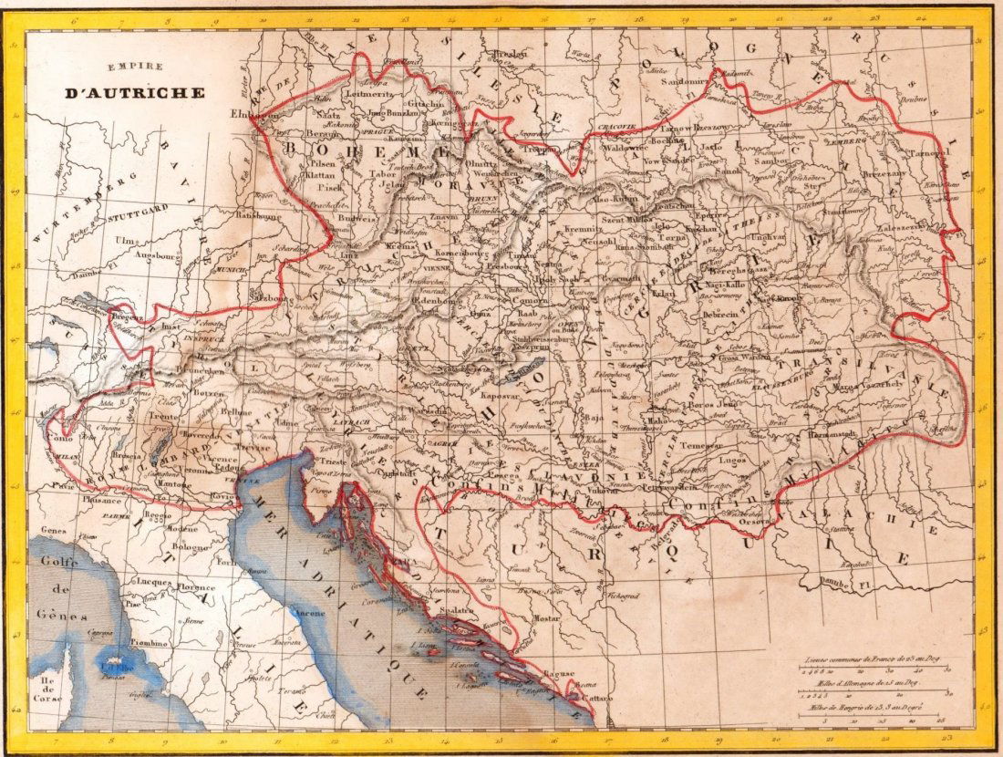 Austrian Empire. Europe/Asia. 1835.: Print of hand colored steel engraving titled „Empire D‘ Autriche“.Author C. V. Monin.Engraved by unknown.From the „Atlas Universel de Geography“ by C. V. Monin. Parsi. 1835.The Austrian Empi
