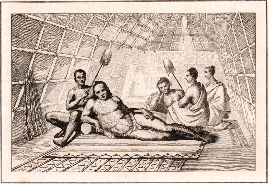 Inside the house of a leader. Hawaii Islands. 1837. (1 of 3)