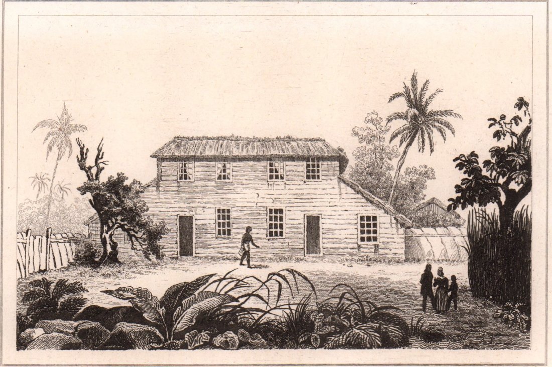 Establishment of Missionaries. Hawaii Islands. 1837.: Print of steel engraving titled „Etablissement des Missionnaires“. Drawn by Danvin. Engraved by Mantant. From „L'univers pittoresque: histoire et description de tous les peuples“, Published by