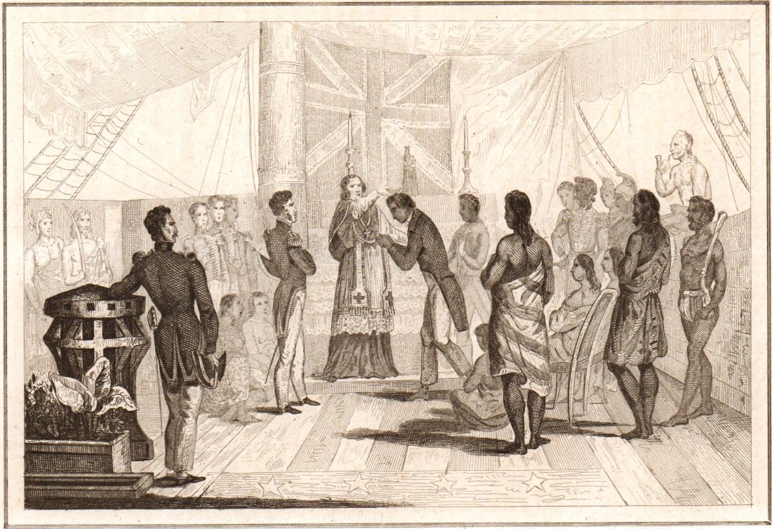 Baptism. Hawaii Islands. 1837.: Print of steel engraving titled „Bapteme du ministre du Roi abord de la Corvette francaise l‘Uranie“. Drawn by Danvin. Engraved by unknown. From „L'univers pittoresque: histoire et description