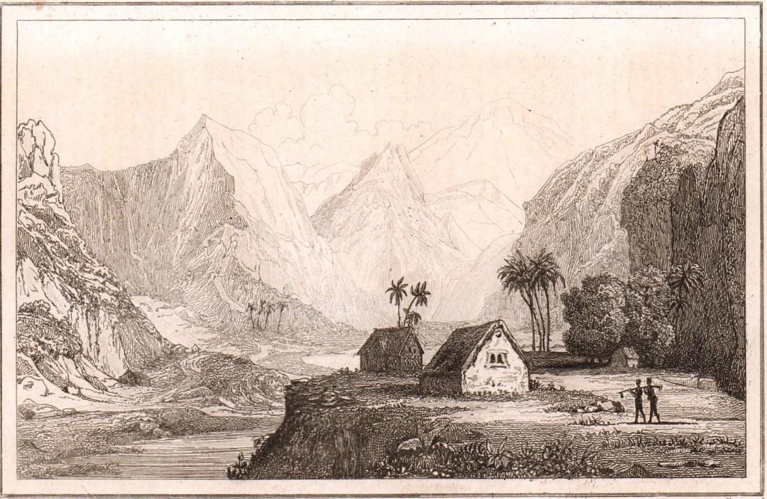 Vaipiou valley. Hawaii Islands. 1837.: Print of steel engraving titled „Vallee Vaipiou“. Drawn by Danvin. Engraved by Chavannes. From „L'univers pittoresque: histoire et description de tous les peuples“, Published by Firmin Didot F