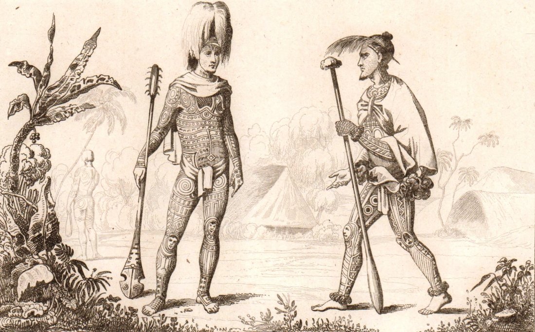 Fully tattooed warriors. Nuku Hiva. 1837.: Print of steel engraving titled „Gueriers entierement tatoues“. Drawn by Danvin. Engraved by Montaut. From „L'univers pittoresque: histoire et description de tous les peuples“, Published by Fi