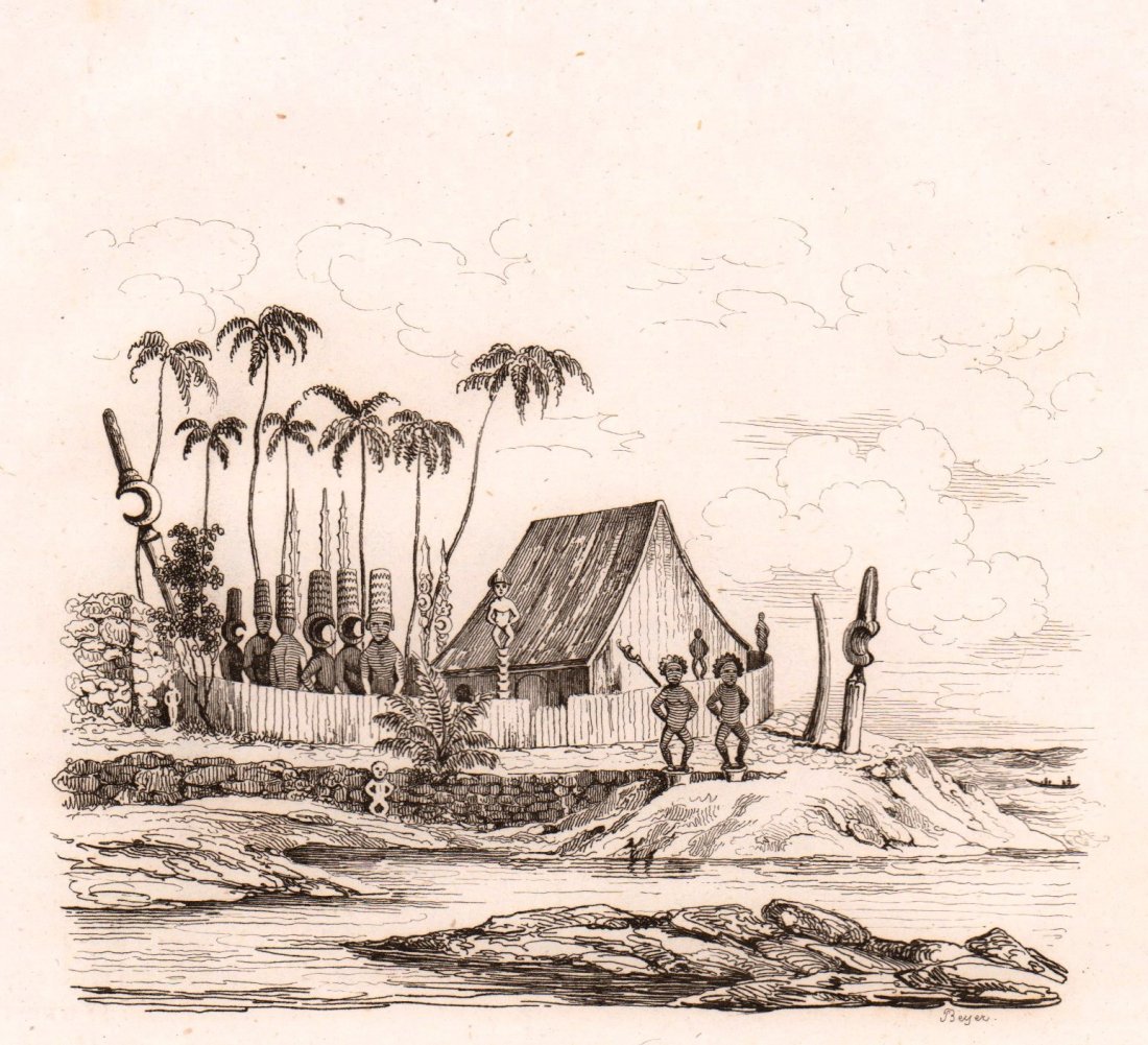 Morai. Honaunau. Hawaii. 1835.: Print of steel engraving titled „Morai Royal de Honaunau“. Drawn by unknown. Engraved by Beyer. From „Voyage pittoresque autour du monde. Resume general des Voyages de decouvertes“ by M. Dumon