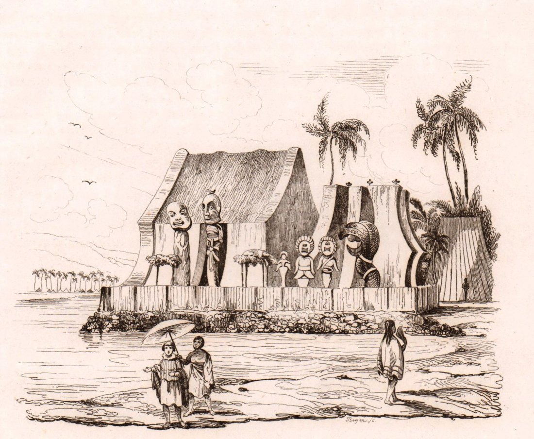 Morai of Tamea-mea. Hawaii. 1835.: Print of steel engraving titled „Morai de Tamea-mea“. Drawn by unknown. Engraved by Beyer. From „Voyage pittoresque autour du monde. Resume general des Voyages de decouvertes“ by M. Dumont D��