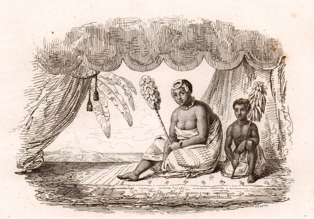 Queen Kaahou-Manu. Hawaii. 1835.: Print of steel engraving titled „Kaahou-Manou reine regente de Hawaii“. Drawn by unknown. Engraved by Beyer. From „Voyage pittoresque autour du monde. Resume general des Voyages de decouvertes��