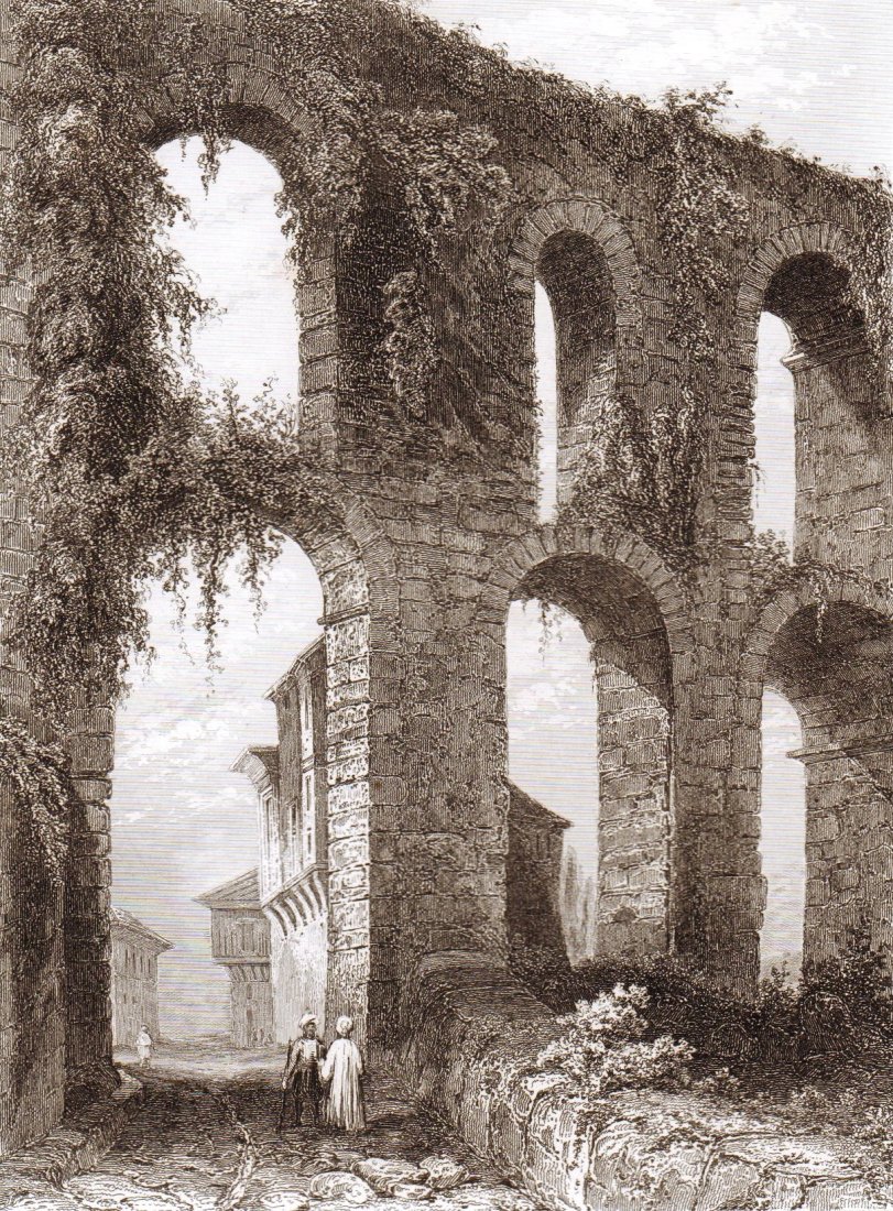 Valens Aqueduct in Constantinople. Italy/Turkey 1835.: Print of steel engraving titled „Aqueduc de Valens a Constantinople“. Drawn by unknown. Engraved by unknown. From „l‘Univers pittoresque histoire et description de tous les peuples. Deleurs Re