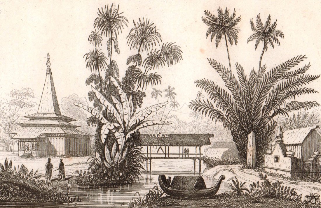Tombs. Ambon island. Indonesia. 1836.: Print of steel engraving titled „Tombeaux“. Drawn by Danvin. Engraved by Chavannes. From „l‘Univers pittoresque histoire et description de tous les peuples. Oceanie ou cinquieme partie du mond