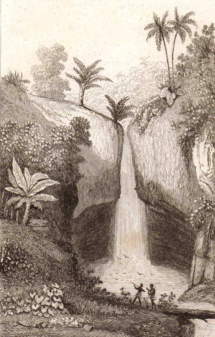 Fall of Tondano River. Celebes island. Indonesia. 1836.: Print of steel engraving titled „Chute de la Riviere de Tondano“. Drawn by Danvin. Engraved by Chavannes. From „l‘Univers pittoresque histoire et description de tous les peuples. Oceanie ou ci